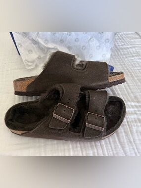 NWT Birkenstock Arizona Shearling Suede Leather Sandals Size 38 Narrow/Medium